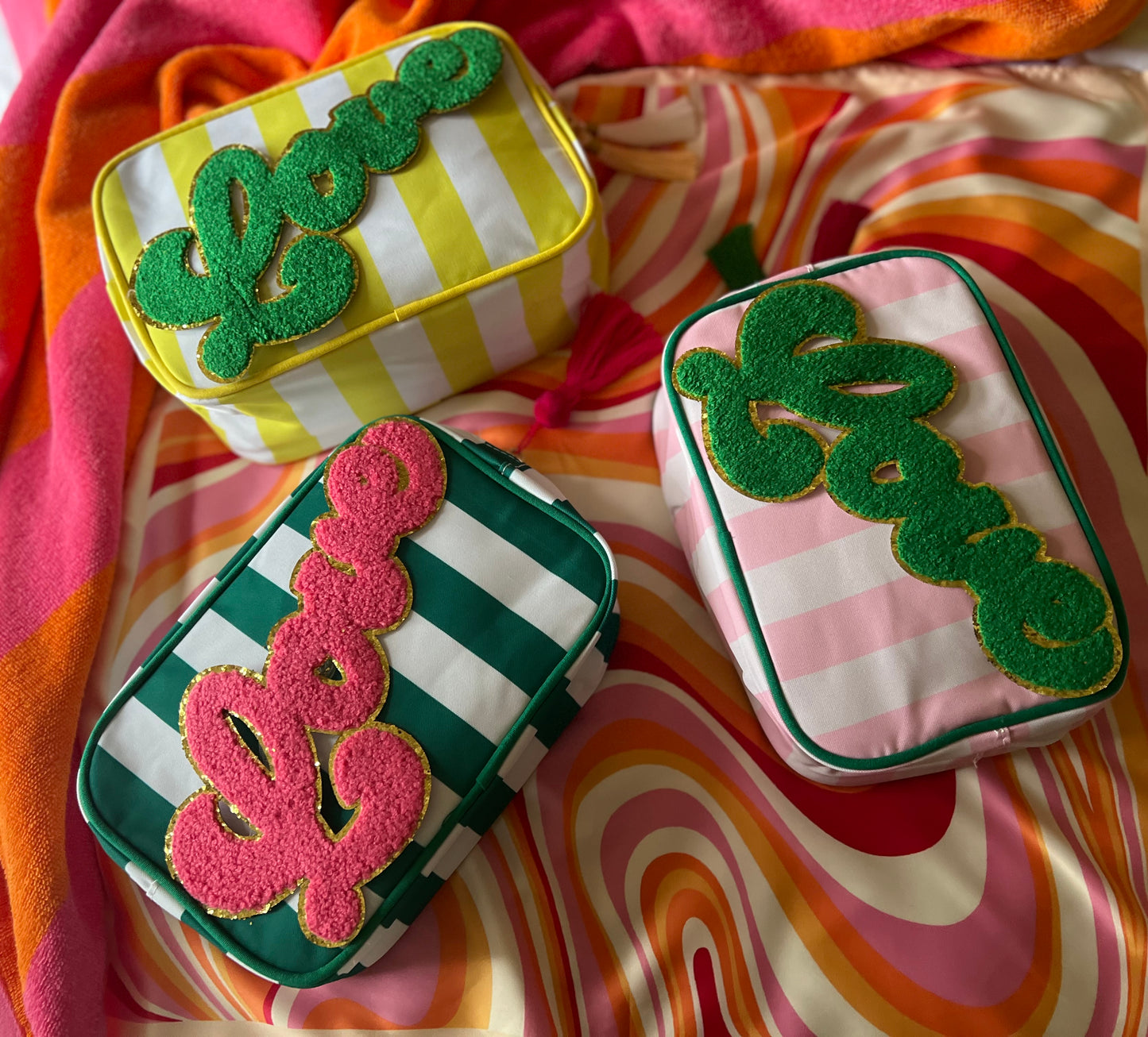 Pink Striped ‘Love’ Makeup/ Toiletry Bag