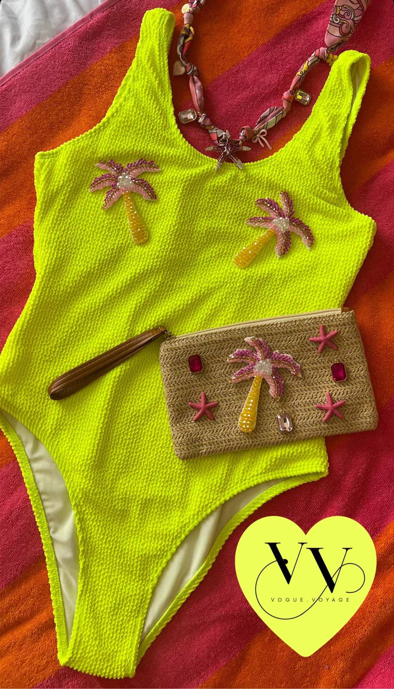 Neon Palm Set ( Swimsuit and Pouch )