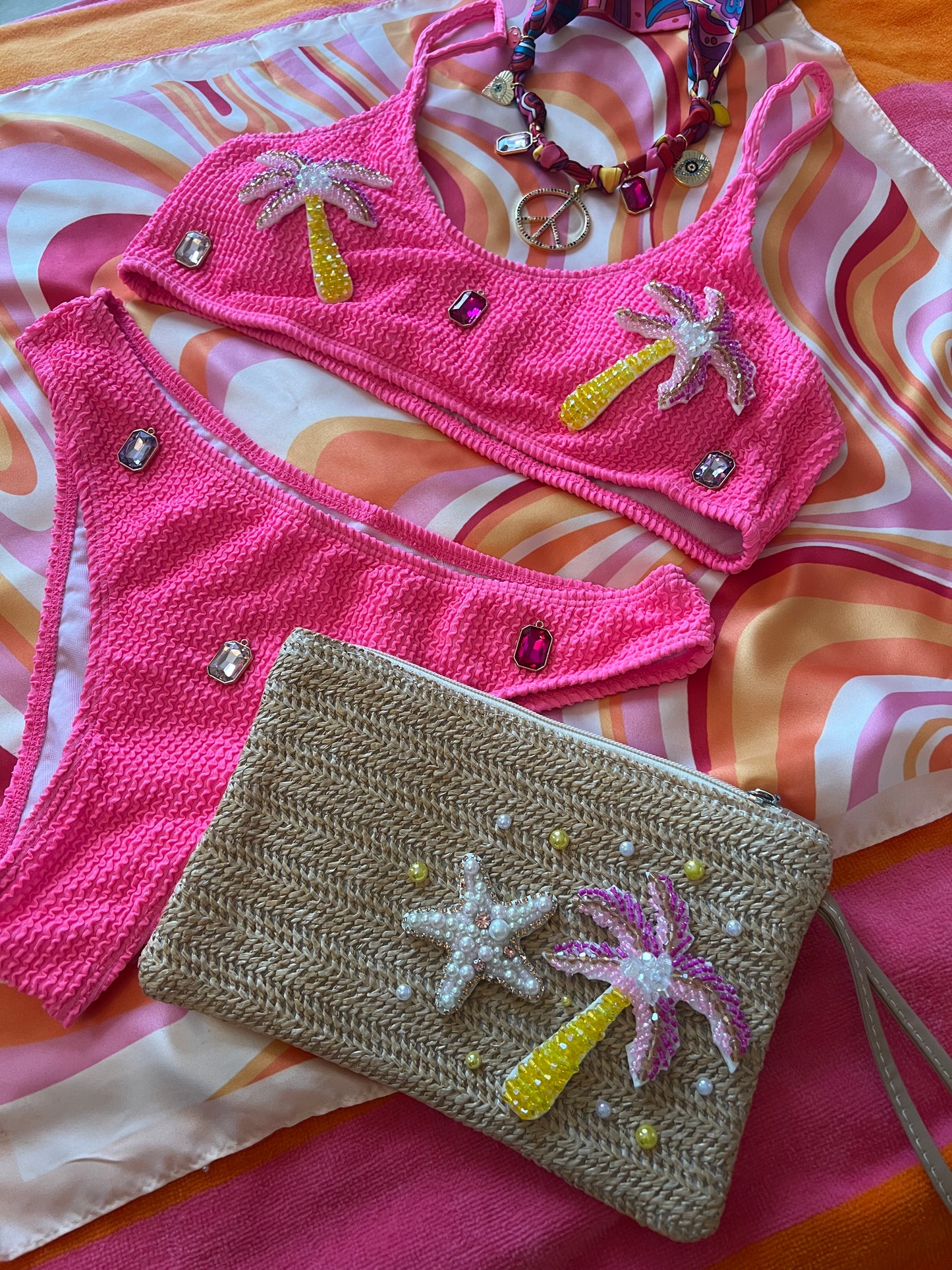 Pink Palm Bikini & Pouch Set