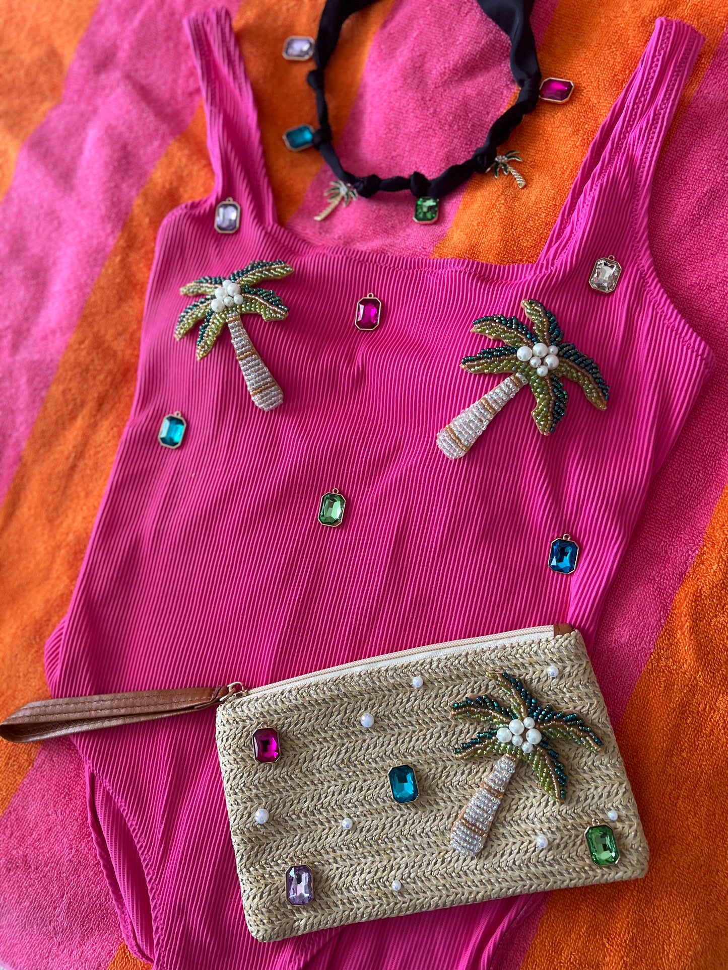 Pink Palm & Gems Set (Swimsuit, Necklace and Pouch)