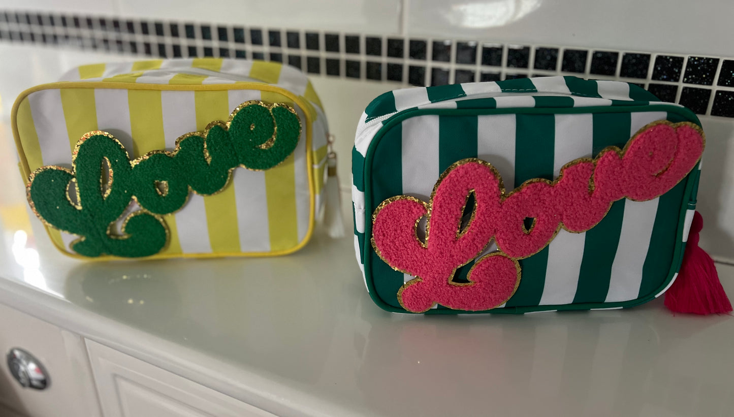 Yellow Striped ‘Love’ Makeup/Toiletry Bag