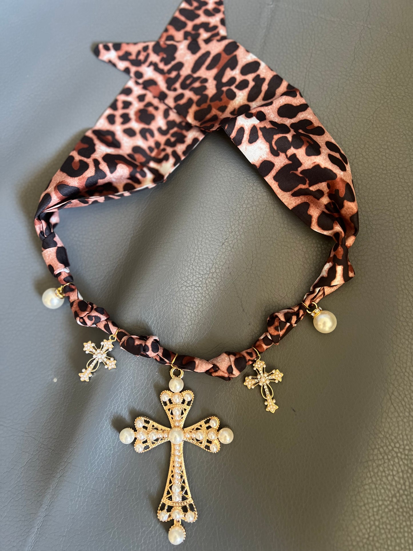 Leopard Print & Crosses Boho Necklace