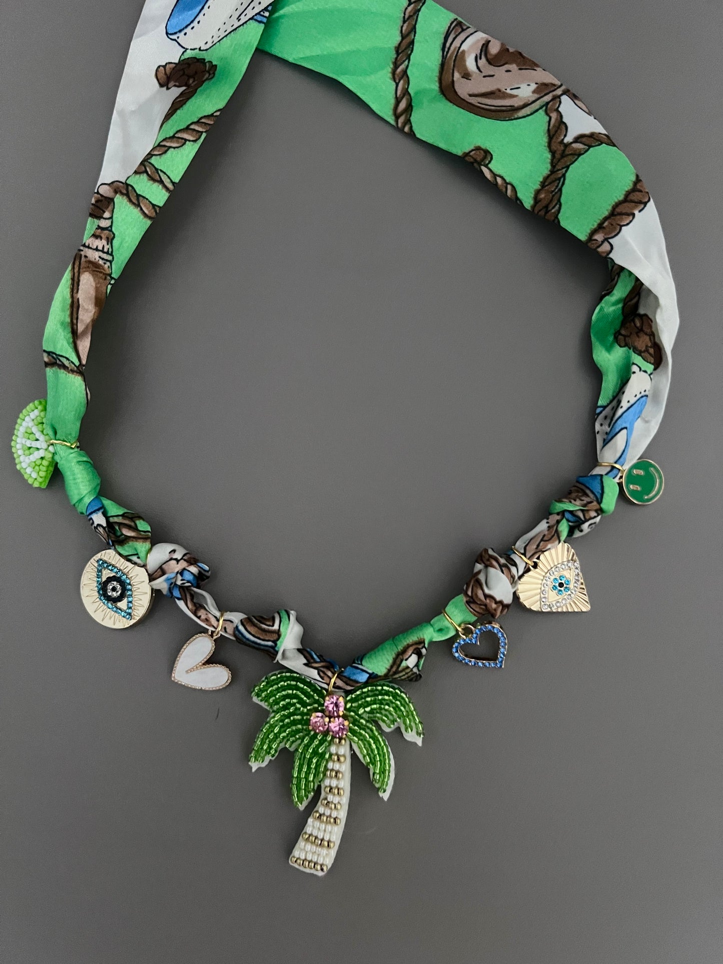 Green Palm Scarf Print Boho Necklace