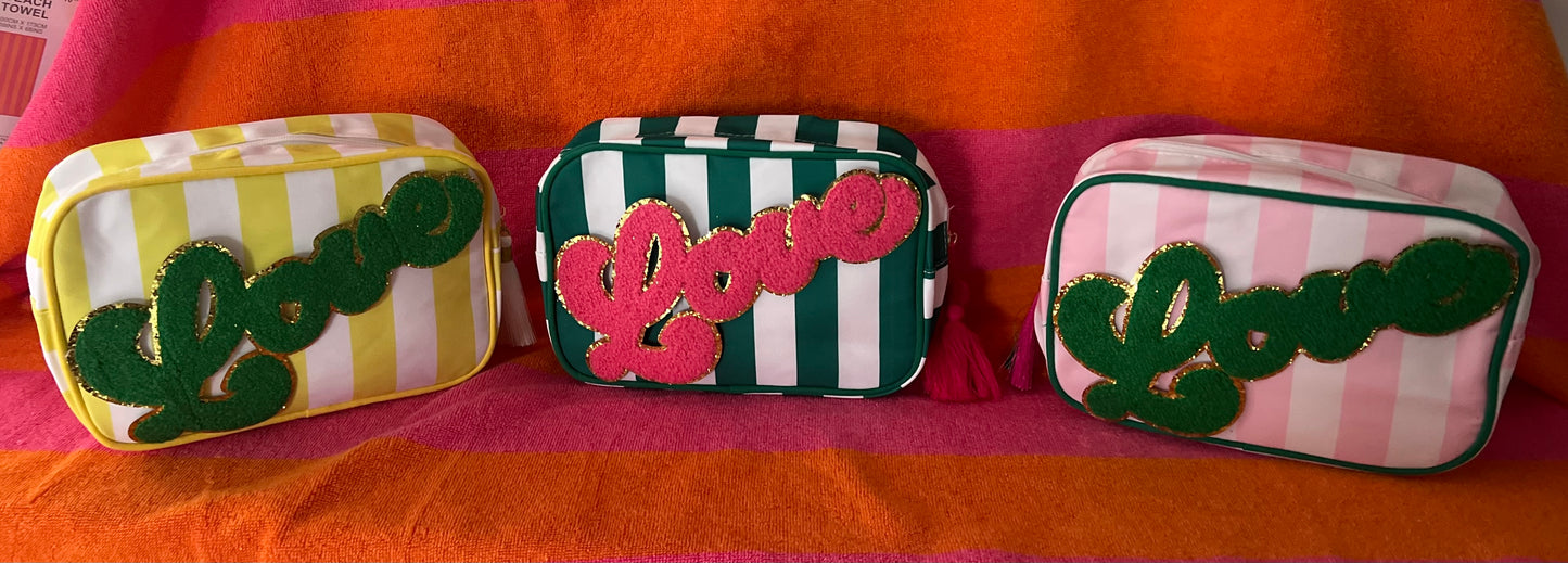 Green Striped ‘Love’ Makeup/Toiletry  Bag