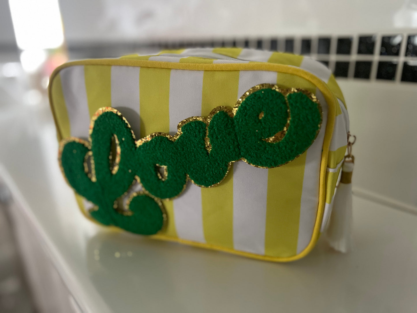 Yellow Striped ‘Love’ Makeup/Toiletry Bag