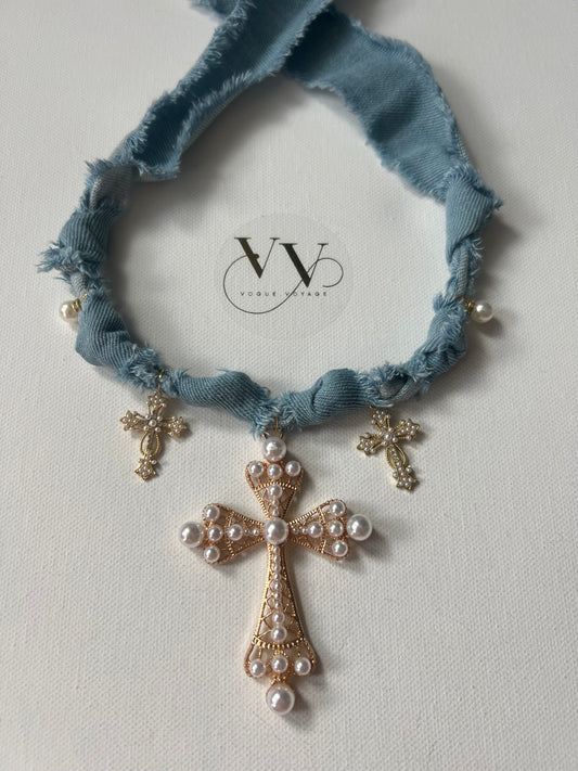 Denim Pearl Cross BOHO Necklace