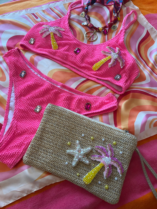 Pink Palm Bikini & Pouch Set