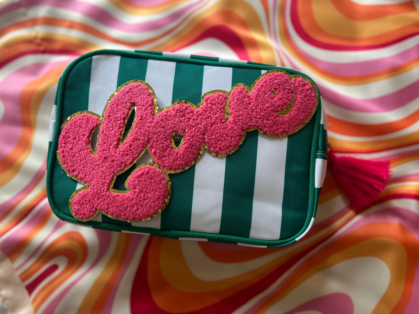 Green Striped ‘Love’ Makeup/Toiletry  Bag