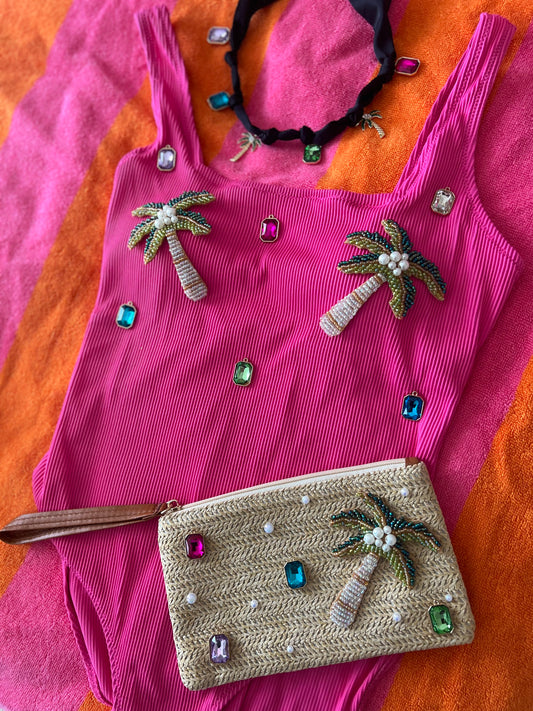 Pink Palm & Gems Set (Swimsuit, Necklace and Pouch)