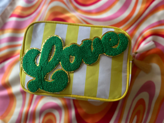 Yellow Striped ‘Love’ Makeup/Toiletry Bag