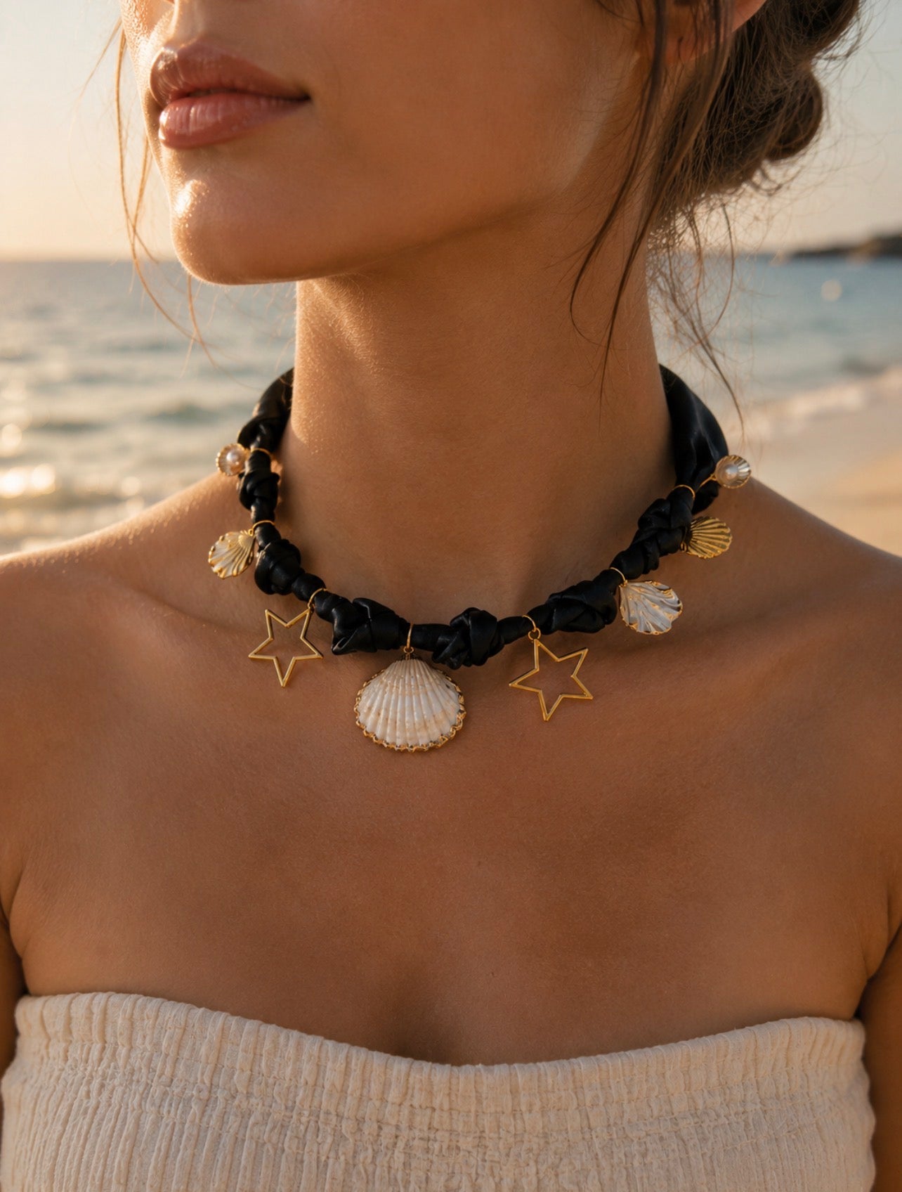 Black Seashell Themed Boho Charm Necklace