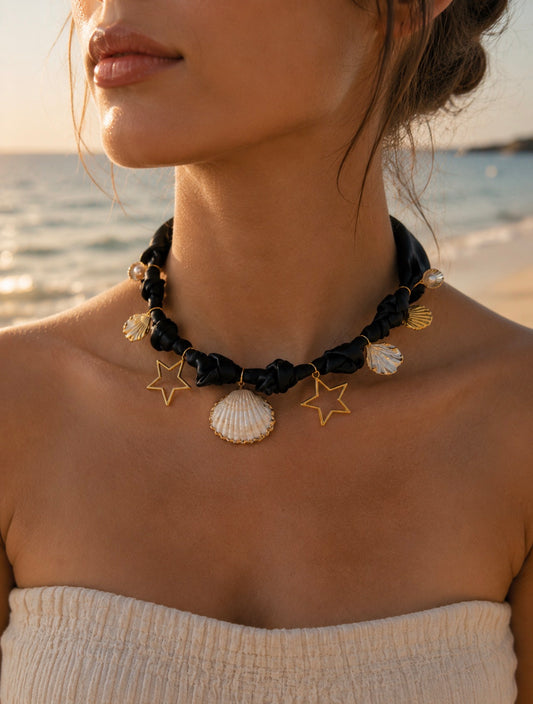 Black Seashell Themed Boho Charm Necklace