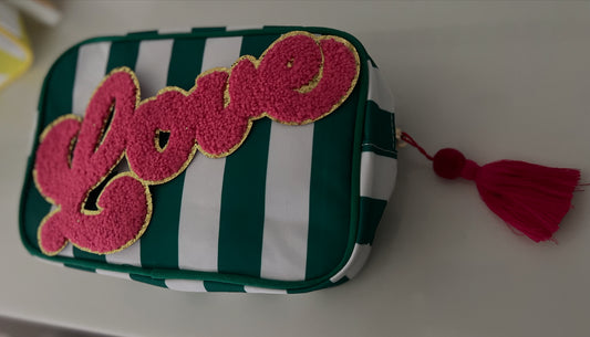 Green Striped ‘Love’ Makeup/Toiletry  Bag