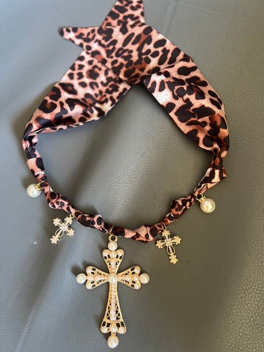 Leopard Print & Crosses Boho Necklace