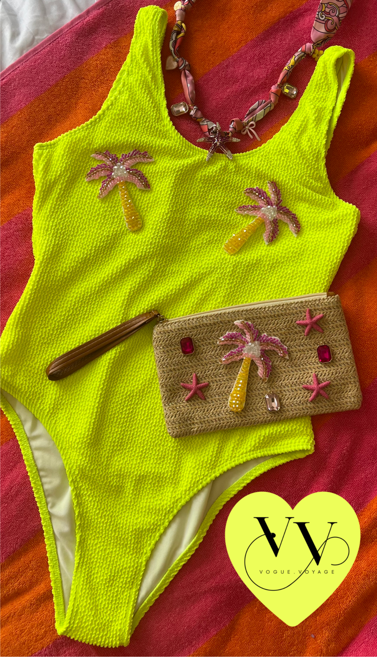 Neon Palm Set ( Swimsuit and Pouch )