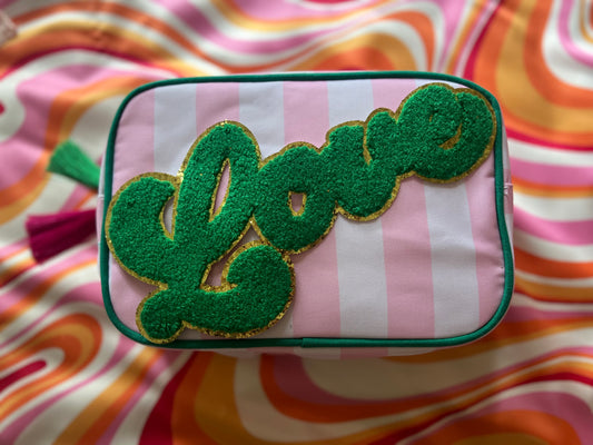 Pink Striped ‘Love’ Makeup/ Toiletry Bag