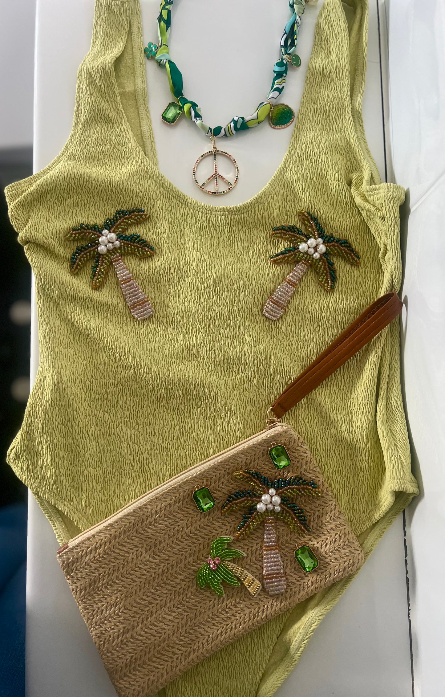 OLIVE GREEN PALM SET (swimsuit, Pouch, Necklace )